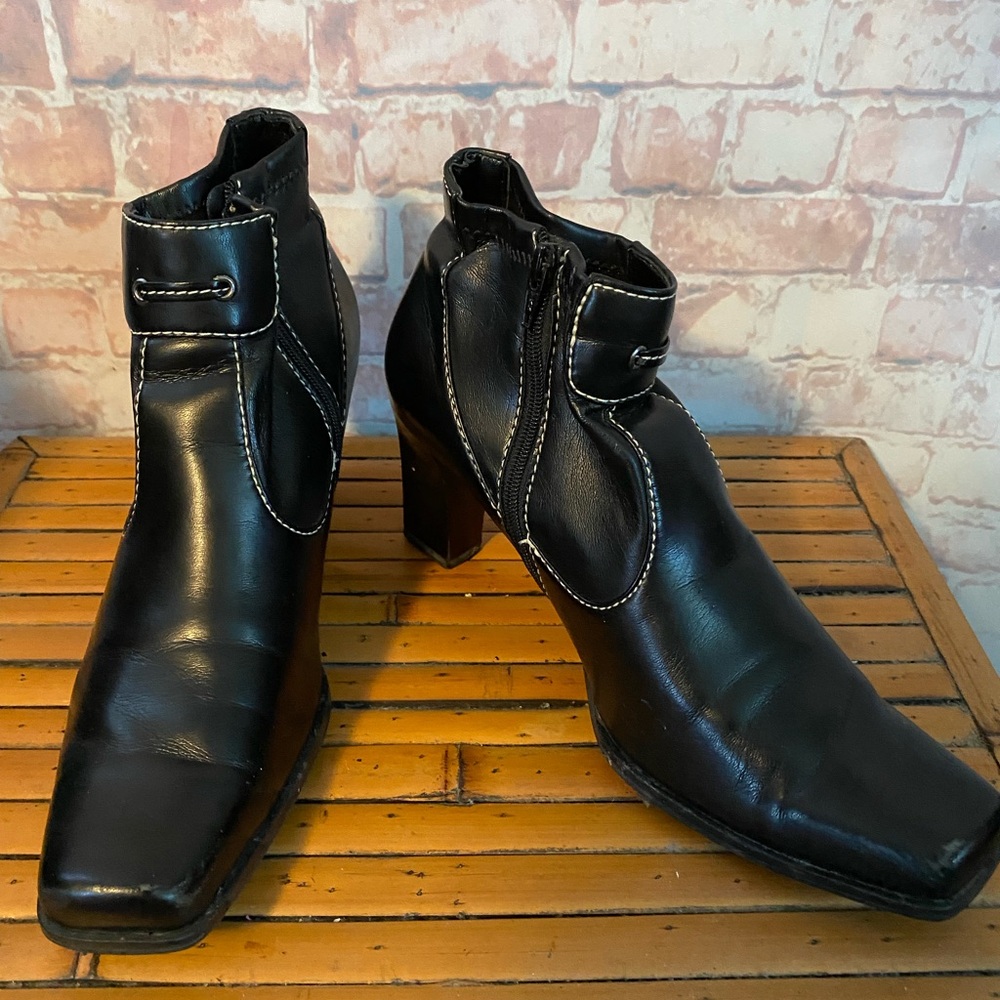 Franco Sarto Black Vegan Leather Ankle Booties with Contrast Stitching